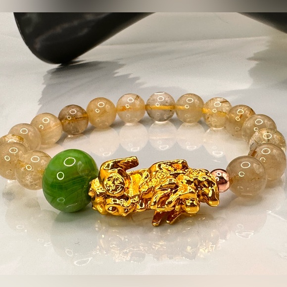 GOLD RUTILANT + GOLD PIXIU  NATURAL BRACELET size 7” - Picture 8 of 12